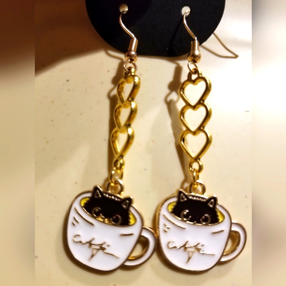 Handmade Hearts & Cat in the Cafe Earrings - New